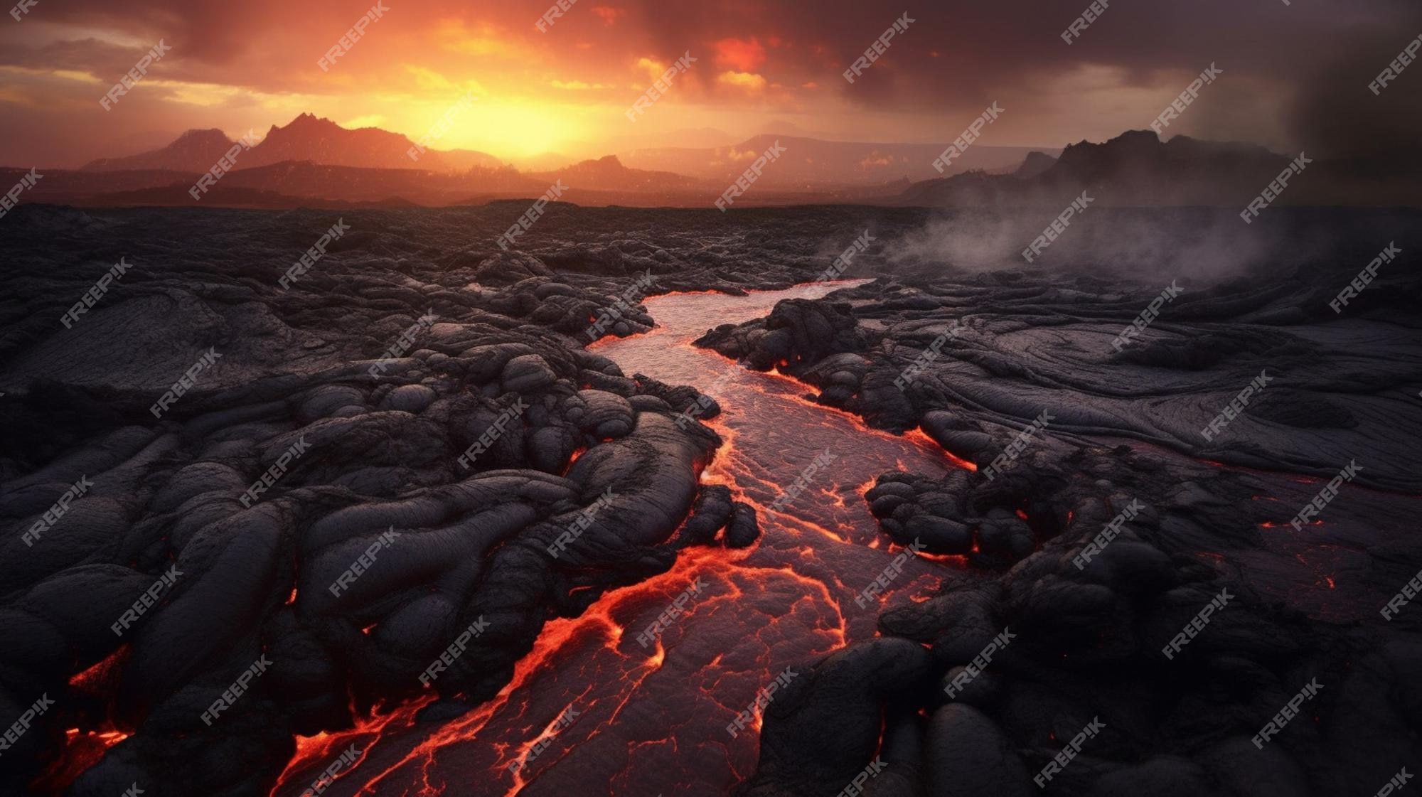 Lava fluyendo por un paisaje volcánico