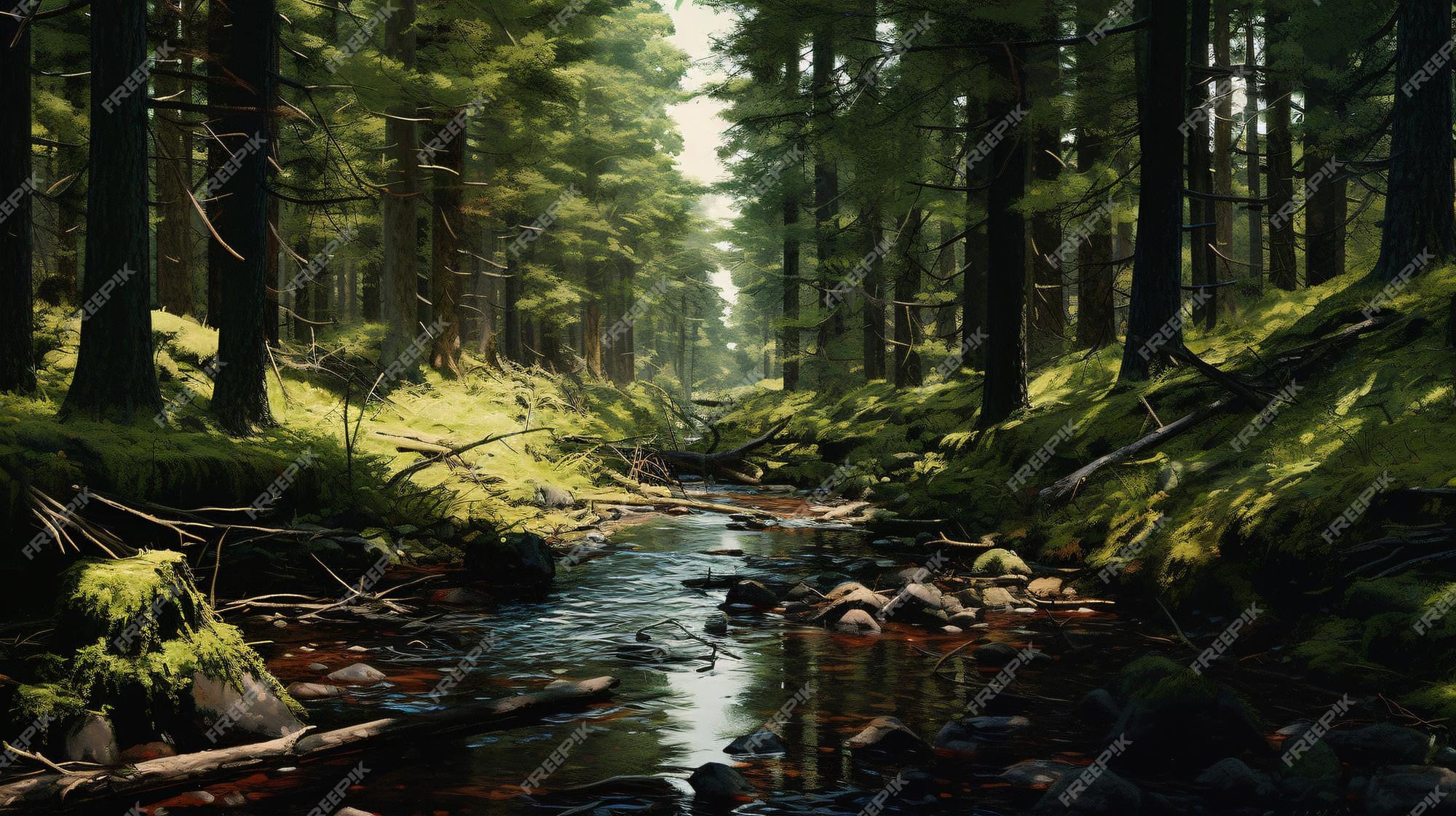 Arroyo fluyendo entre árboles frondosos